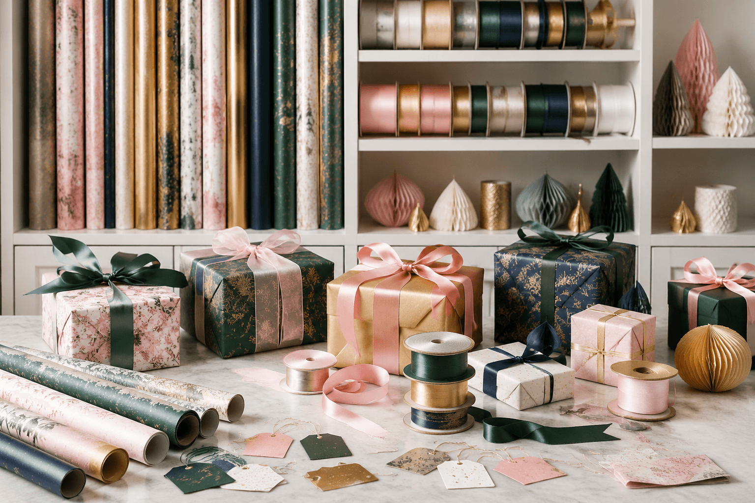 A tidy storage wall of labelled wrapping paper rolls and ribbon spools