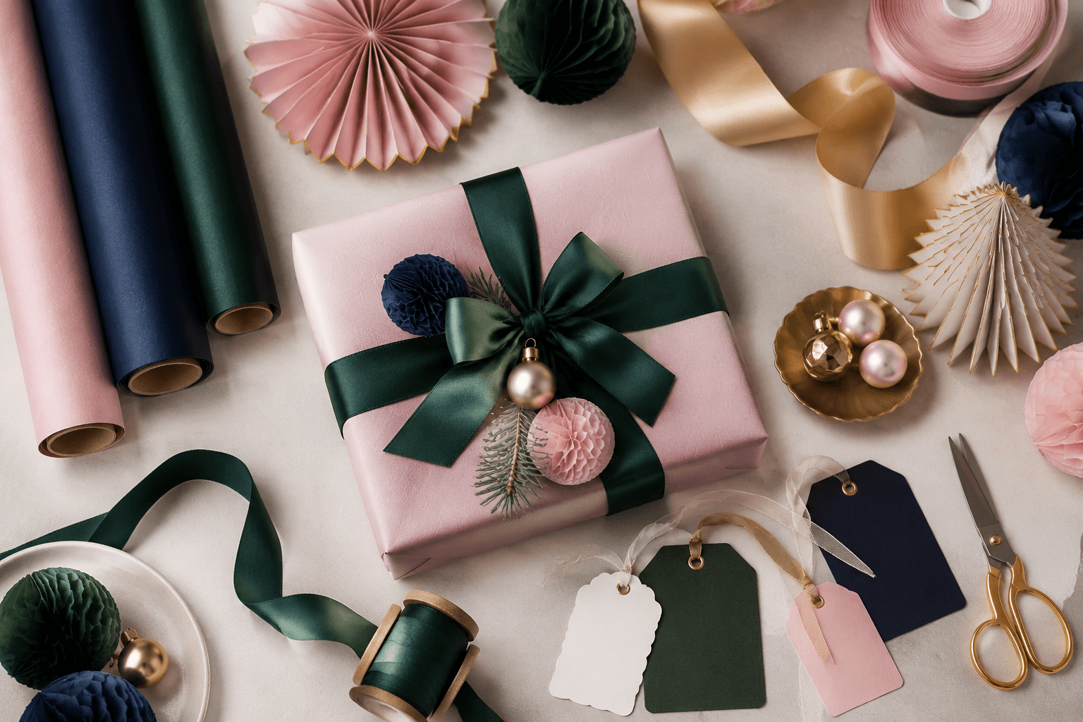 Styled gifting scene with wrapping paper, ribbon, and tabletop paper decor