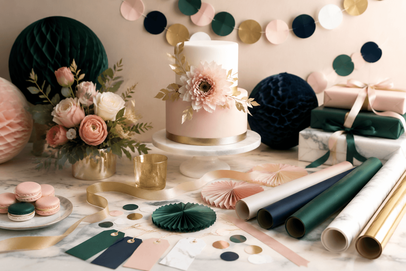 Styled gifting scene with wrapping paper, ribbon, and tabletop paper decor