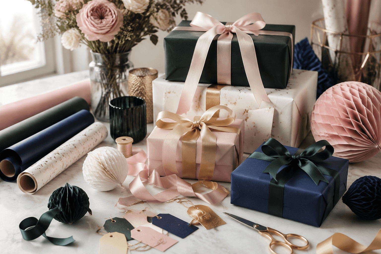 Styled gifting scene with wrapping paper, ribbon, and tabletop paper decor