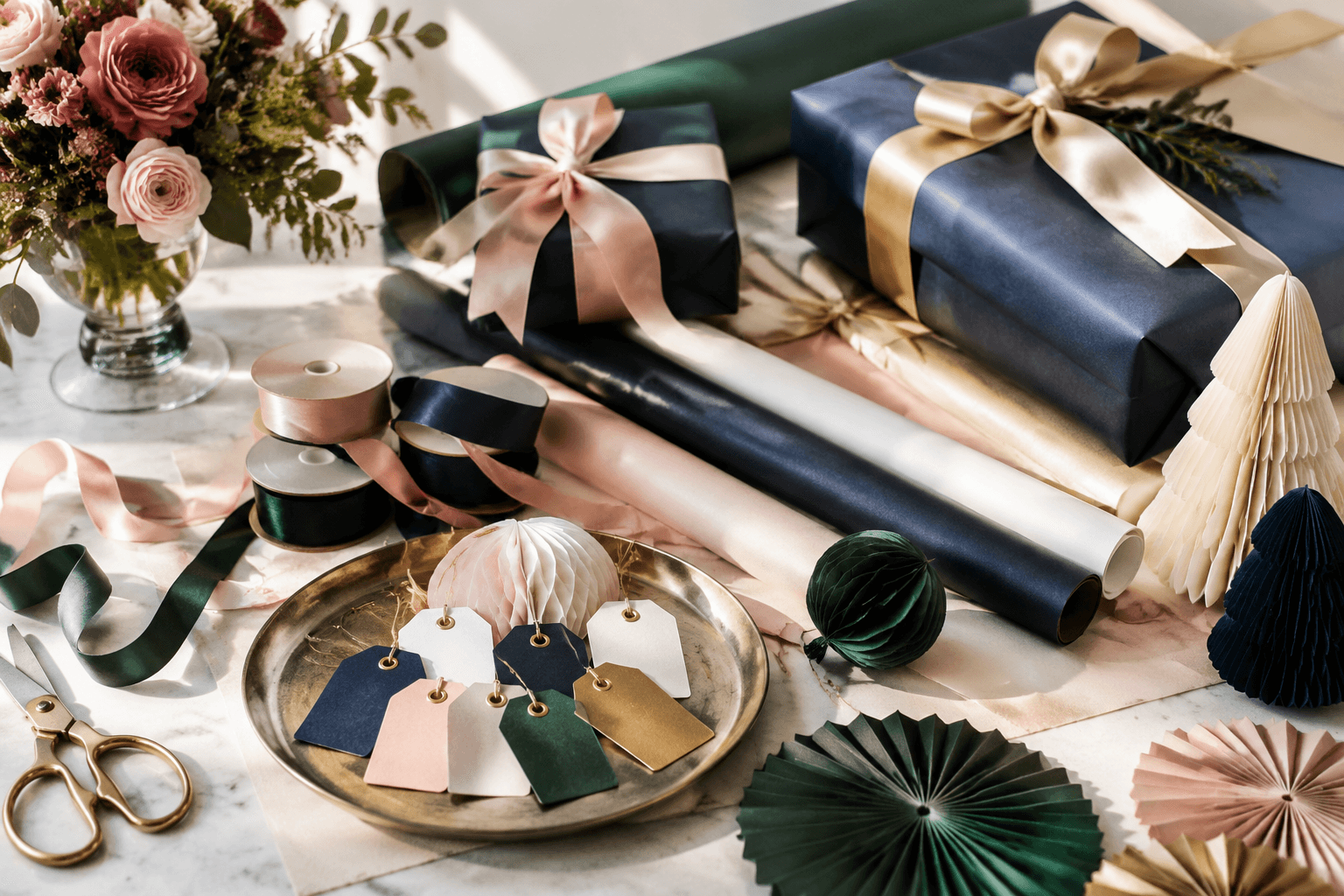 Styled gifting scene with wrapping paper, ribbon, and tabletop paper decor