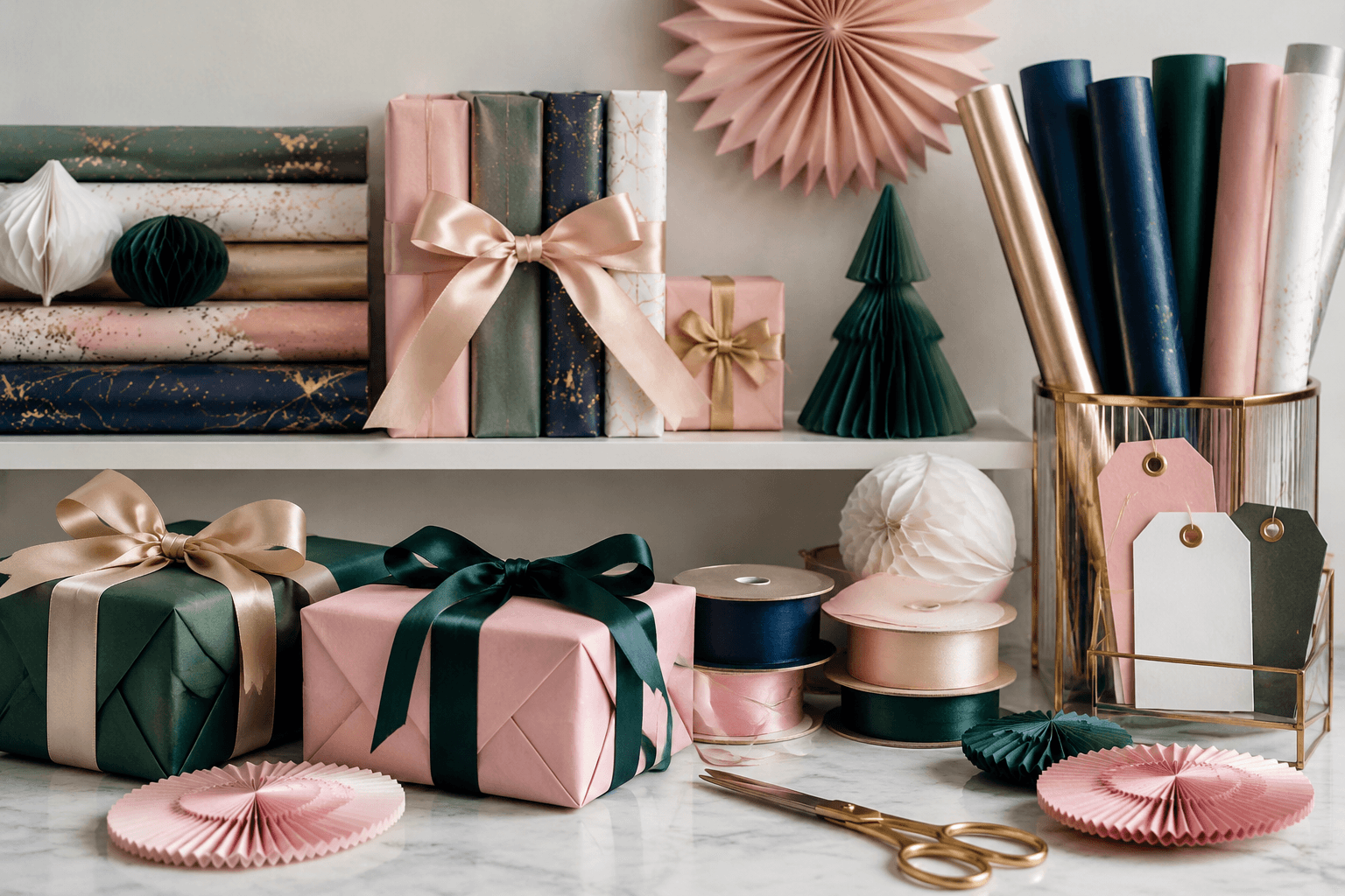Styled gifting scene with wrapping paper, ribbon, and tabletop paper decor